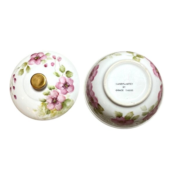 Vtg Hand Painted Porcelain Floral Trinket Dish with Lid Signed by Grace Theiss - Picture 4 of 8